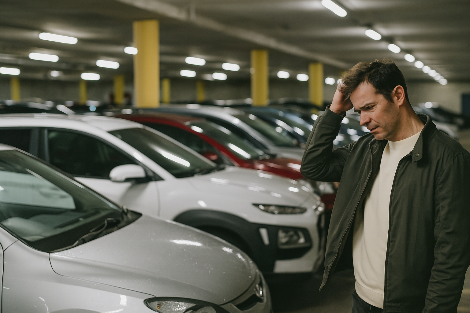 Person frustrated looking for parking - representing visitor parking chaos in residential buildings
